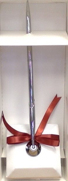 Pen Set-. Silver-Caramel Ribbon White Sq-7.5&#39;&#39; x 3.5&#39;&#39;