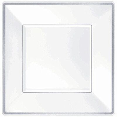 Plates-Square-DN-White-W/Silver Trim-Plastic-8pk