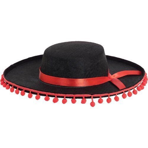 Hat-Spanish-Black-W/ Red Ball Fringe-Felt