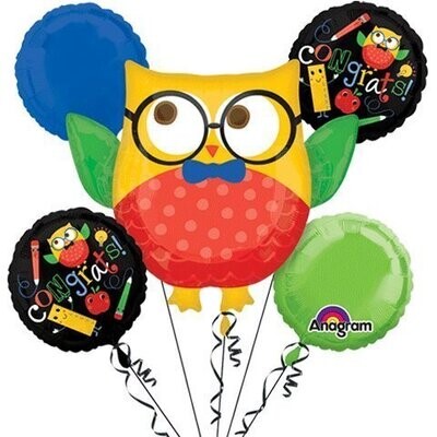 Foil Balloon Bouquet - Congrats Owl - 5 Balloons