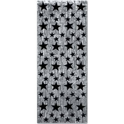 Fringe Curtain-Metallic-Black and Silver Stars-1pkg-8ft