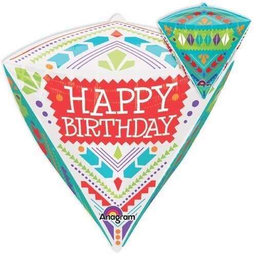 Foil Balloon - Diamond - Happy Birthday Colorful Pattern - 15&quot;x17&quot;