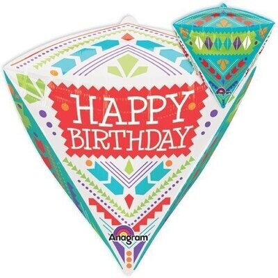 Foil Balloon - Diamond - Happy Birthday Colorful Pattern - 15&quot;x17&quot;