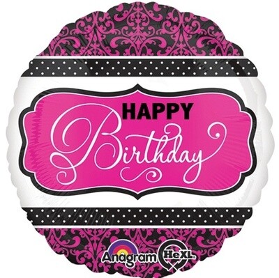 Foil Balloon - Pink Happy Birthday Damask - 18&quot;