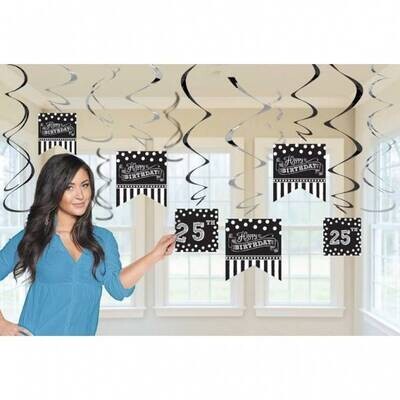 Swirl Decorations-Foil-Black &amp; White Birthday-12pcs