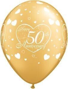 Latex Balloon-50th Anniversary Little Hearts Gold-1pkg-11&quot;
