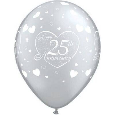 Latex Balloon-25th Anniversary Little Hearts Silver-1pkg-11&quot;
