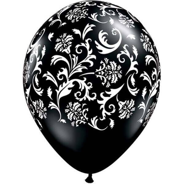 Latex Balloon-Damask Print Onyx Black-1pkg-11&quot;