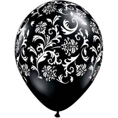Latex Balloon-Damask Print Onyx Black-1pkg-11&quot;