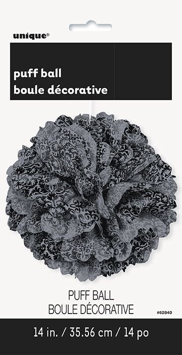 Puff Ball-Black and Grey Damask-14&quot;