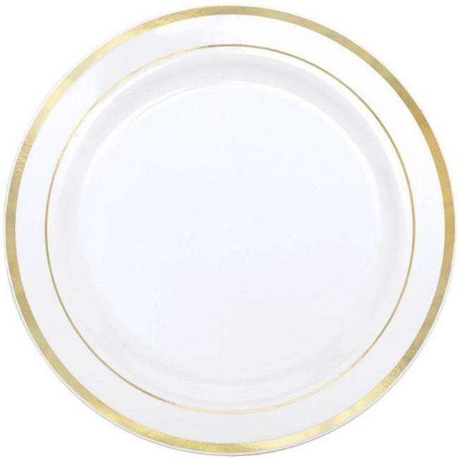 White Premium Plastic Round Plates with Gold Trim, 10 1/4&quot;