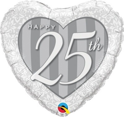 Foil Balloon - Happy 25th - SIlver Heart - 18&quot;
