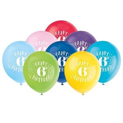 Balloons - Latex - Happy 6th Birthday - 12&quot; (8PK)