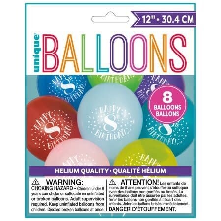 Balloons-Latex-Happy 8th Birthday-12&quot;(8PK)