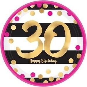 Luncheon Paper Plates- Pink &amp; Gold Milestone 30