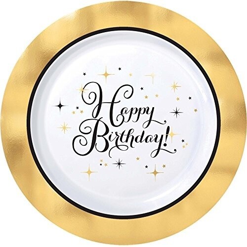 Premium Gold Birthday Round Plastic Plates, 7 1/2&quot;, Hot-Stamped  10PCS