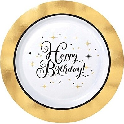 Premium Gold Birthday Round Plastic Plates, 7 1/2&quot;, Hot-Stamped  10PCS