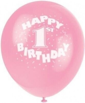Balloons-Latex-1st Birthday Pink- 8pk-12&quot;