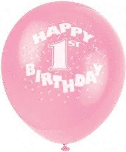 Balloons-Latex-1st Birthday Pink- 8pk-12&quot;