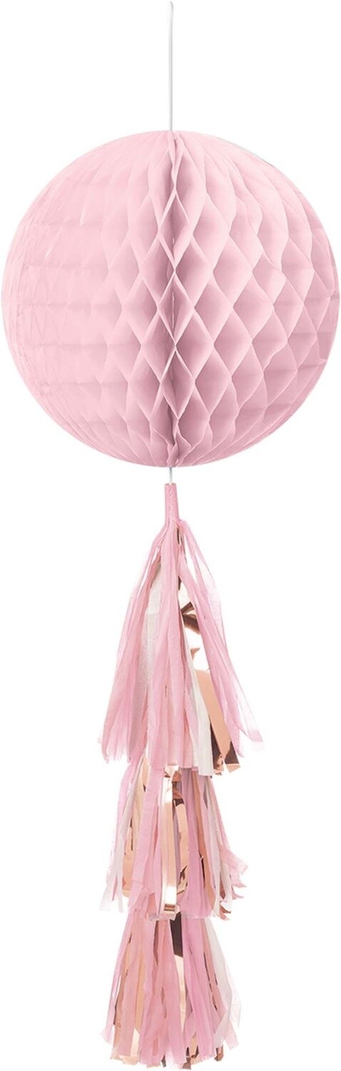 Hanging Honeycomb Decorations-Pink-With Pink and Rose Gold Tassel-28&quot;