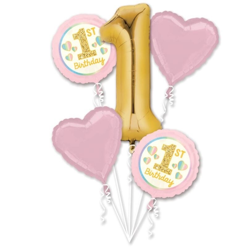 Foil Ballons-5pc Bouquet-1st Birthday Pink and Gold