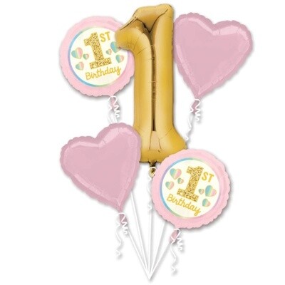 Foil Ballons-5pc Bouquet-1st Birthday Pink and Gold