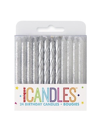 Glitter Silver Spiral Candles-24pk
