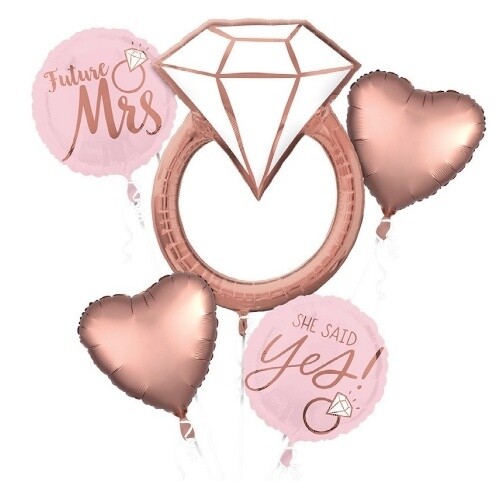 Foil Balloon-5pc Bouquet-Rose Gold She Said Yes Ring