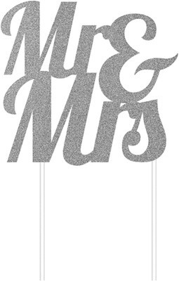 Cake Topper - Mr &amp; Mrs - Glitter - Silver - 1pc