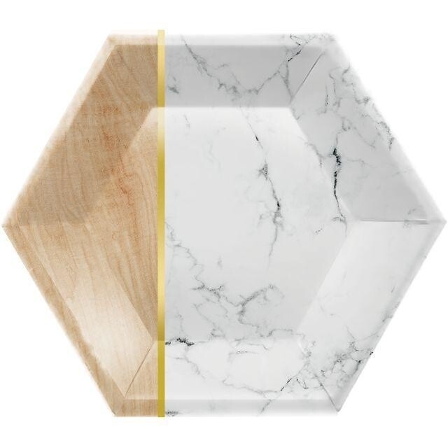 Luncheon Paper Plates-Hexagon-Marble and Wood-10&quot; x 11.54&quot;-8Count