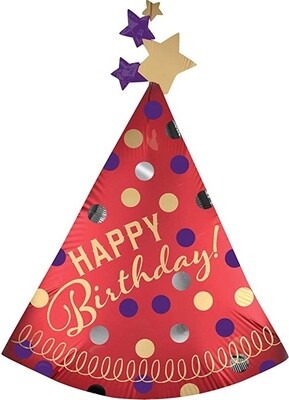 Foil Balloon - Happy Birthday - Red Satin Party Hat - 36&quot;