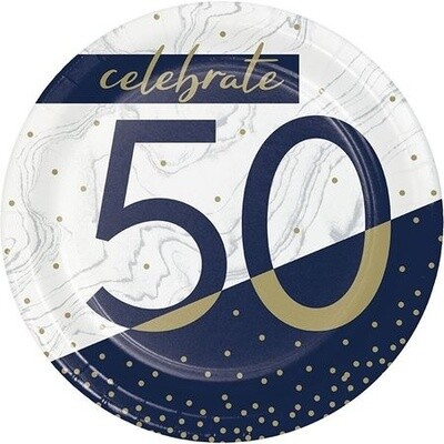 Plates - Bev - Navy &amp; Gold Milestone 50 - 7&quot;  8Pk