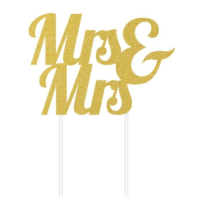 Cake Topper - Mrs &amp; Mrs - Gold - Glitter - 1pc