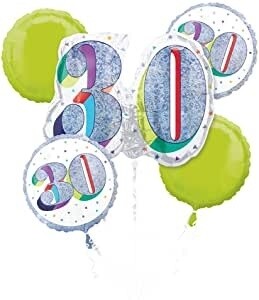 Foil Balloon Bouquet - 30th Birthday - Glitter and White - 5pk