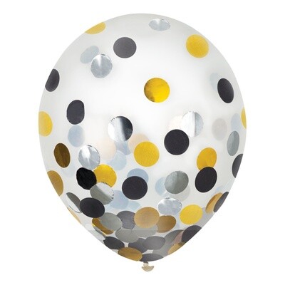 Latex balloons with Gold and Black Confetti - 6Pk