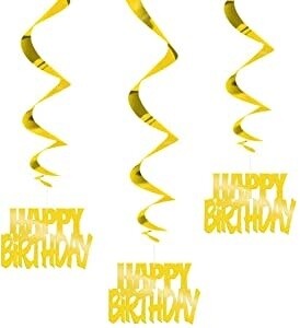 Swirl Decor - HPY BDAY - Gold - 3 pk