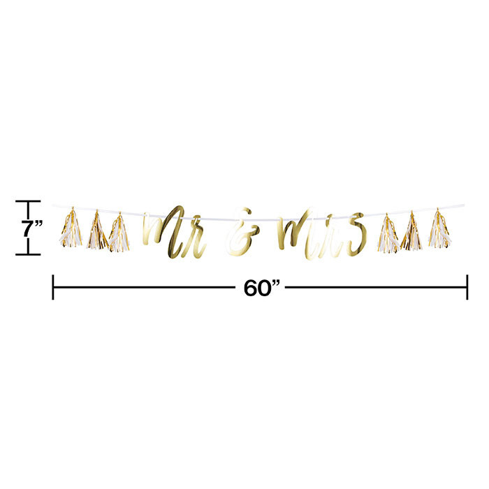 Banner - Mr. &amp; Mrs. White and Gold Tassel - 7&quot; X 5Ft