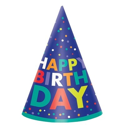 Hats - Cone - Bold Happy Birthday - 8pk
