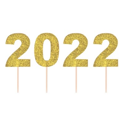 Cake Picks - Gold Glitter - "2022"