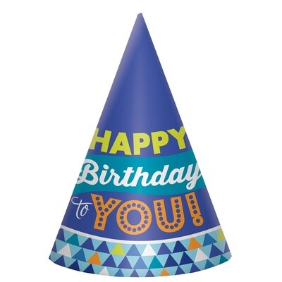 Hats - Cone - True Blue Birthday - 8 pk