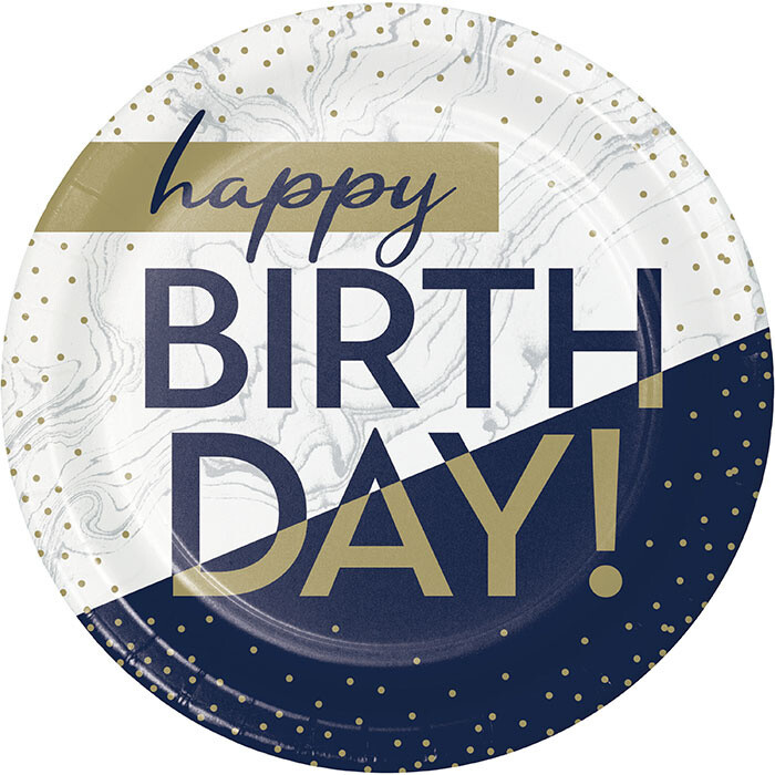 Plates - LN - Navy &amp; Gold Milestone Happy BDAY - 7&quot;  8Pk
