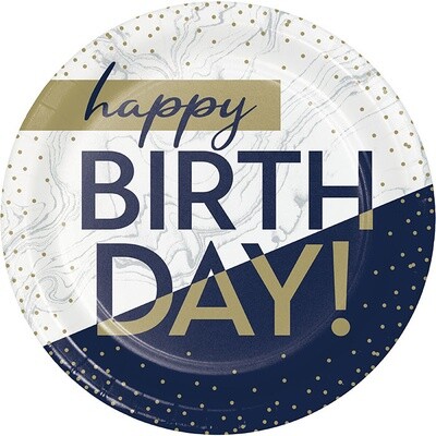 Plates - LN - Navy &amp; Gold Milestone Happy BDAY - 7&quot;  8Pk