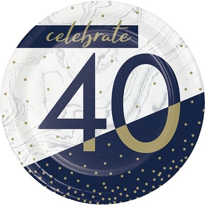 Plates - Bev - Navy &amp; Gold Milestone 40 - 7&quot;  8Pk