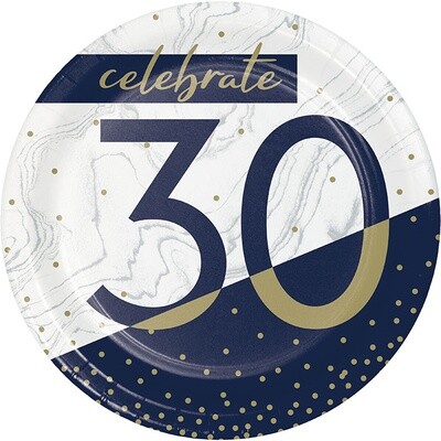 Plates - Bev - Navy &amp; Gold Milestone 30 - 7&quot;  8Pk