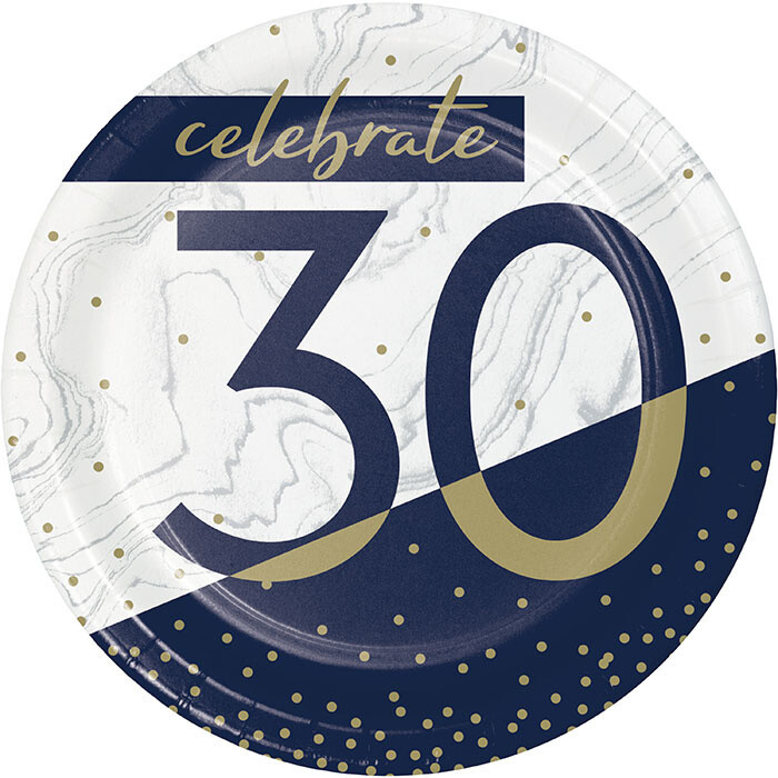 Plates - Bev - Navy &amp; Gold Milestone 30 - 7&quot;  8Pk
