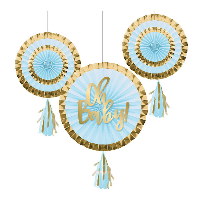 Paper Fans with tassels -OH BABY - Blue - 3PCS