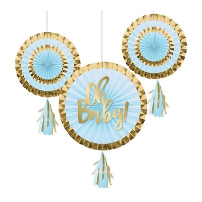 Paper Fans with tassels -OH BABY - Blue - 3PCS