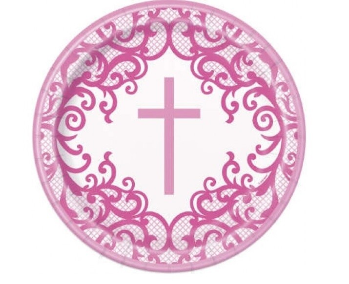 Plates - LN - Pink Cross - 9&quot; - 8 PK
