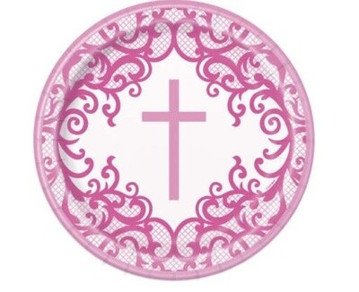 Plates - LN - Pink Cross - 9&quot; - 8 PK