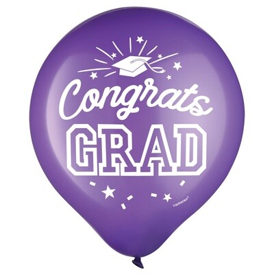 Latex Balloons - Congrats Grad - Purple - 15PK